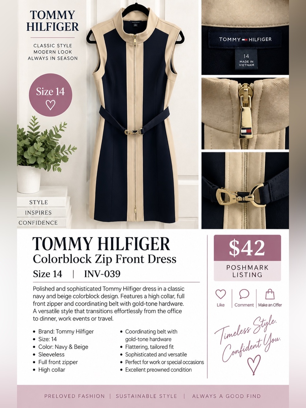Tommy Hilfiger Navy & Beige Colorblock Zip-Front Sheath Dress